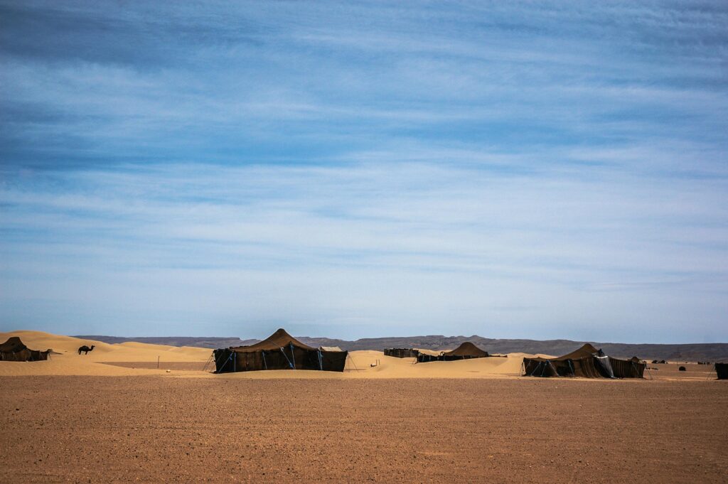 pexels-photo-11387348-11387348 Majestic view of tents in the desert landscape of Zagora, Morocco with a clear blue sky.